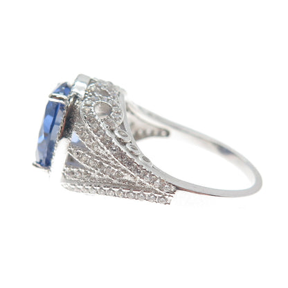 DSMK 925 Sterling Silver White Round-Cut Blue Oval-Cut Shaped C Z Ring Size 7.25