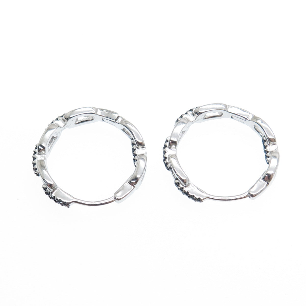 925 Sterling Silver Real Round-Cut Black Spinel Cable Link Hoop Earrings