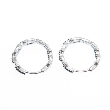 925 Sterling Silver Real Round-Cut Black Spinel Cable Link Hoop Earrings
