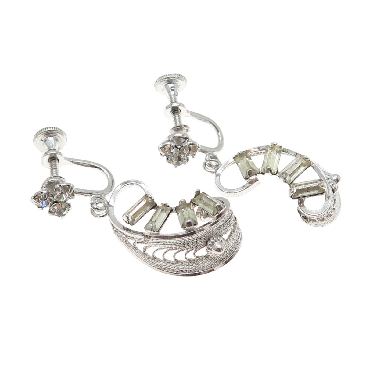 LORAN SIM CO. Sterling Antique Art Deco Rhinestone Filigree Screw Back Earrings