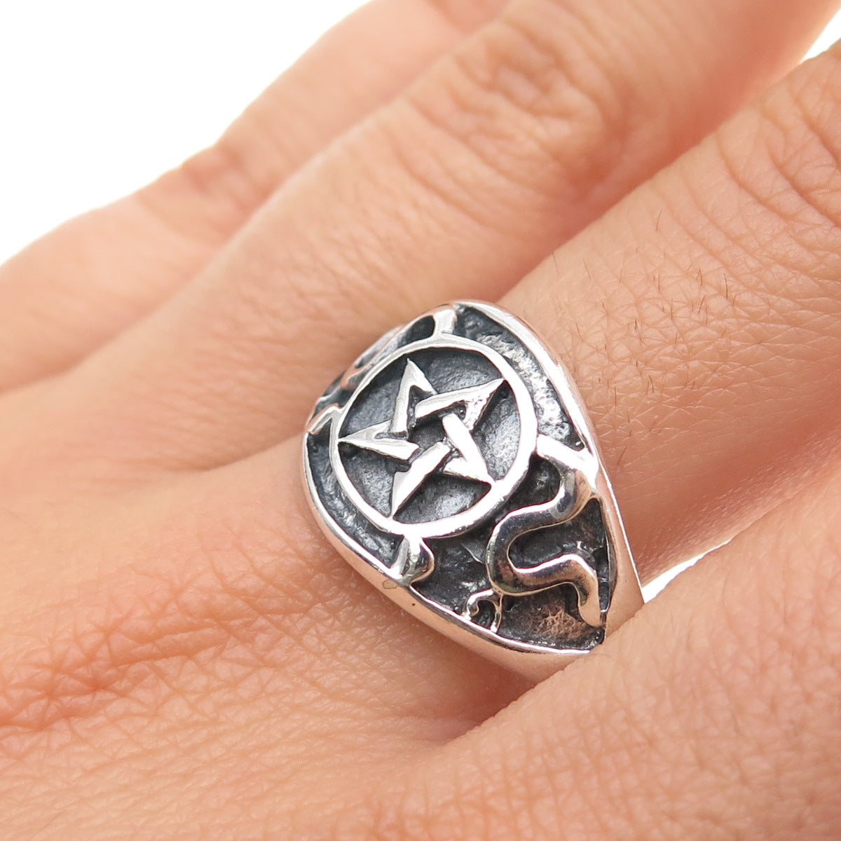 925 Sterling Silver Vintage Pentagram Oxidized Biker Ring Size 13