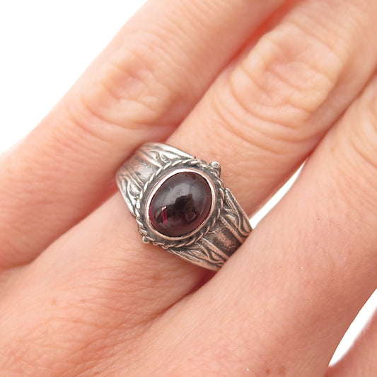 925 Sterling Silver Vintage Real Rhodolite Floral Oxidized Ring Size 6
