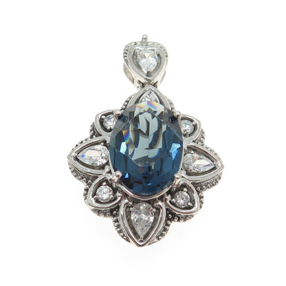 SAI 925 Sterling Silver Oval Round & Pear-Cut Blue White C Z Floral Pendant