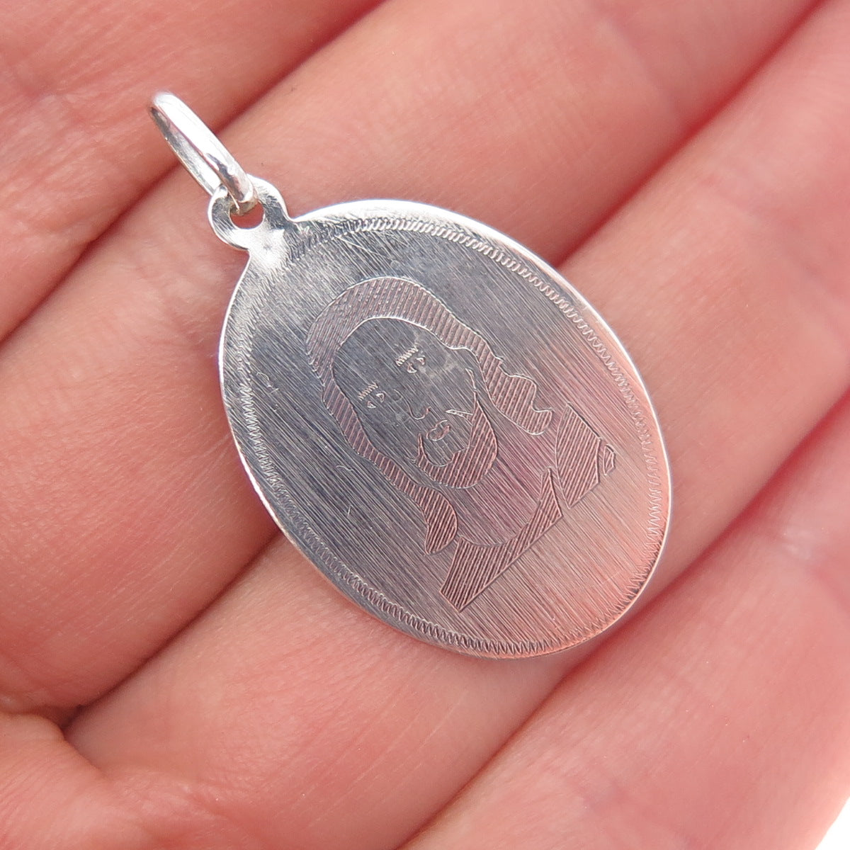 925 Sterling Silver Vintage Engraved Jesus Oval Tag Charm Pendant