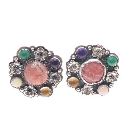 SILVER CLOUD Old Pawn 925 Sterling Vintage Multi-Gem Flower Clip On Earrings