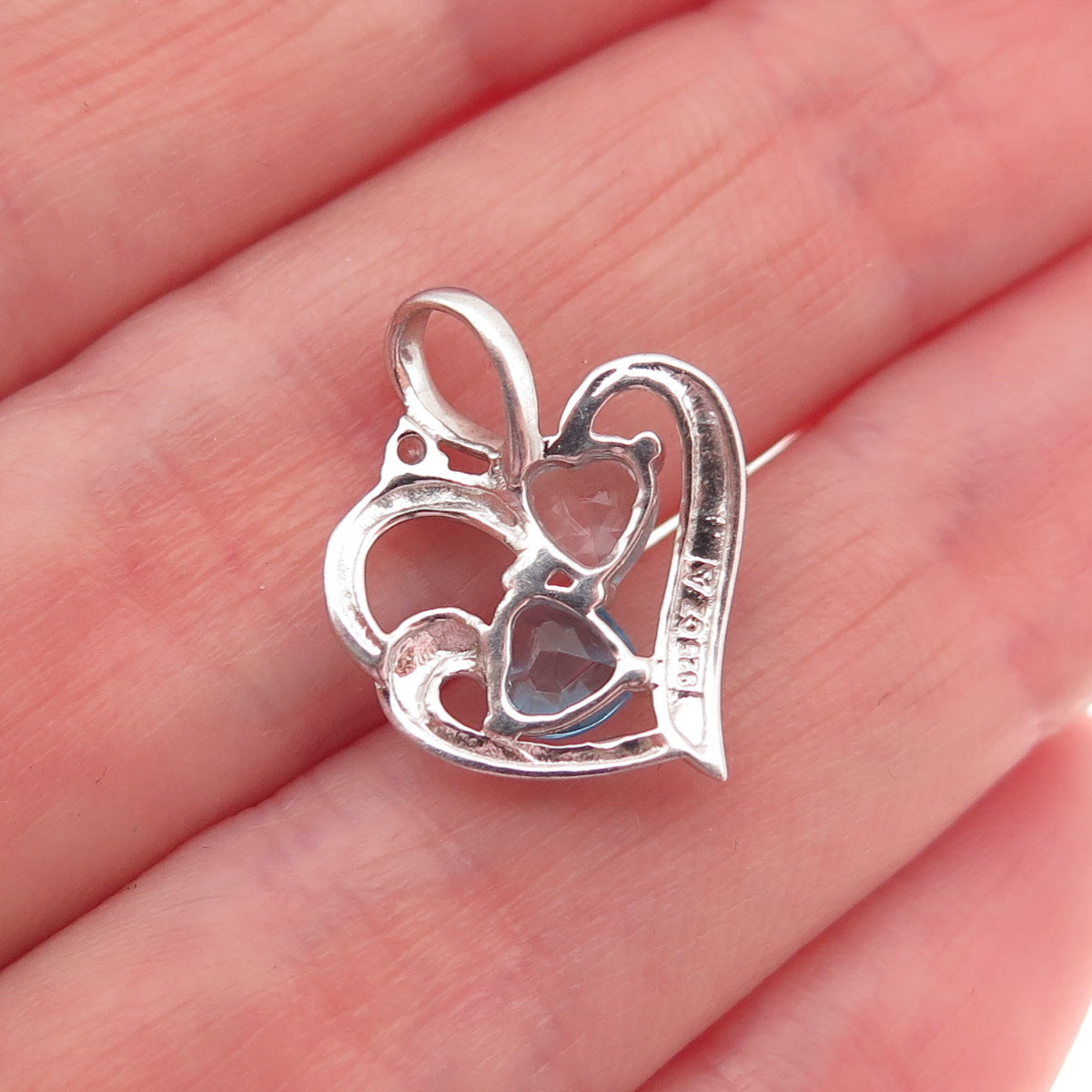 925 Sterling Silver Real Swiss Blue Topaz & C Z Heart Mini Charm Pendant