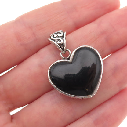 925 Sterling Silver Vintage Real Black Onyx & MOP Heart Charm Pendant