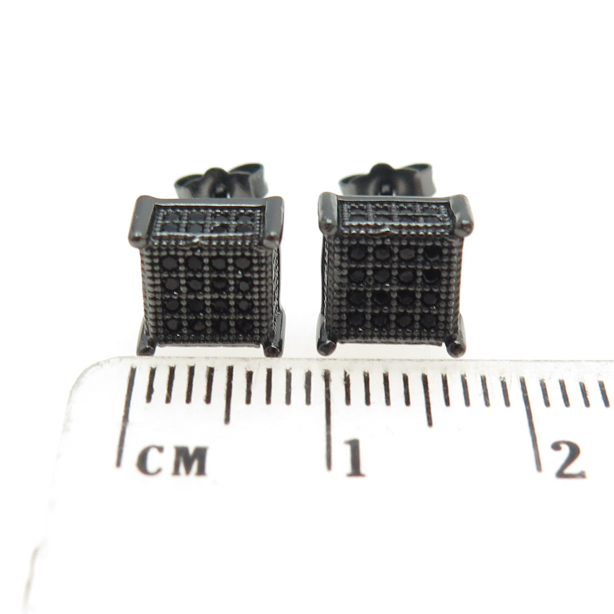 925 Sterling Silver Real Black Spinel Princess Stud Black Rhodium Earrings