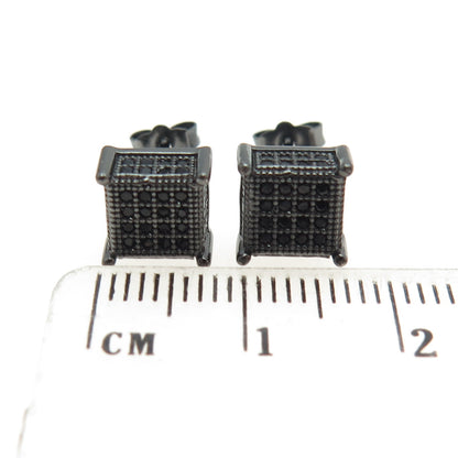 925 Sterling Silver Real Black Spinel Princess Stud Black Rhodium Earrings