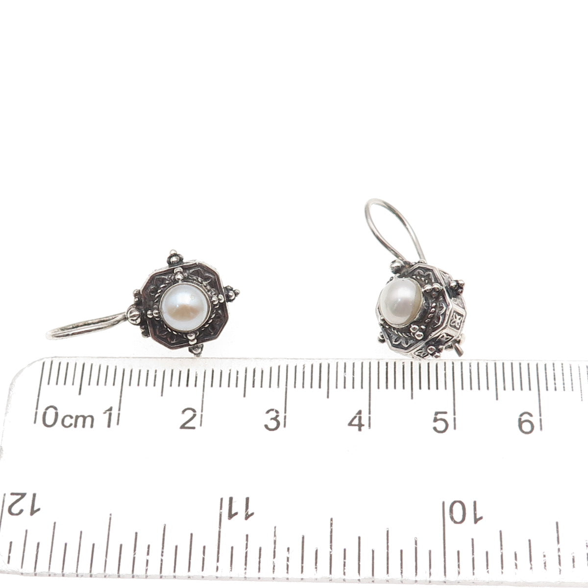 Gerochristo Sterling Silver Vintage Greece Real Pearl Oxidized Dangle Earrings