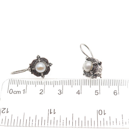 Gerochristo Sterling Silver Vintage Greece Real Pearl Oxidized Dangle Earrings