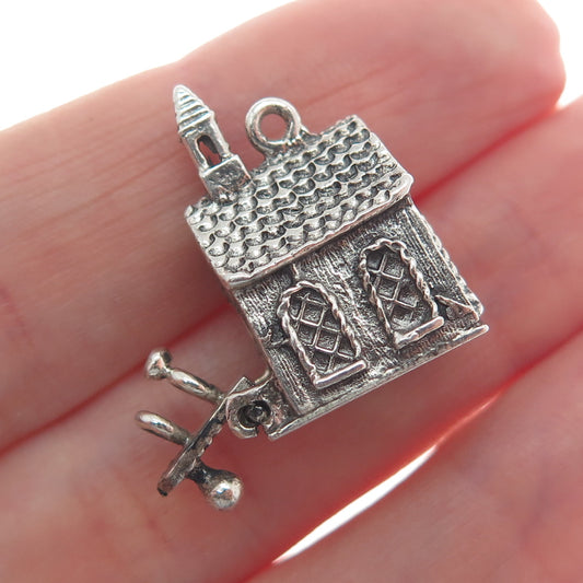 DANECRAFT Sterling Antique Church Opens With Wedding Rings Mini 3D Charm Pendant