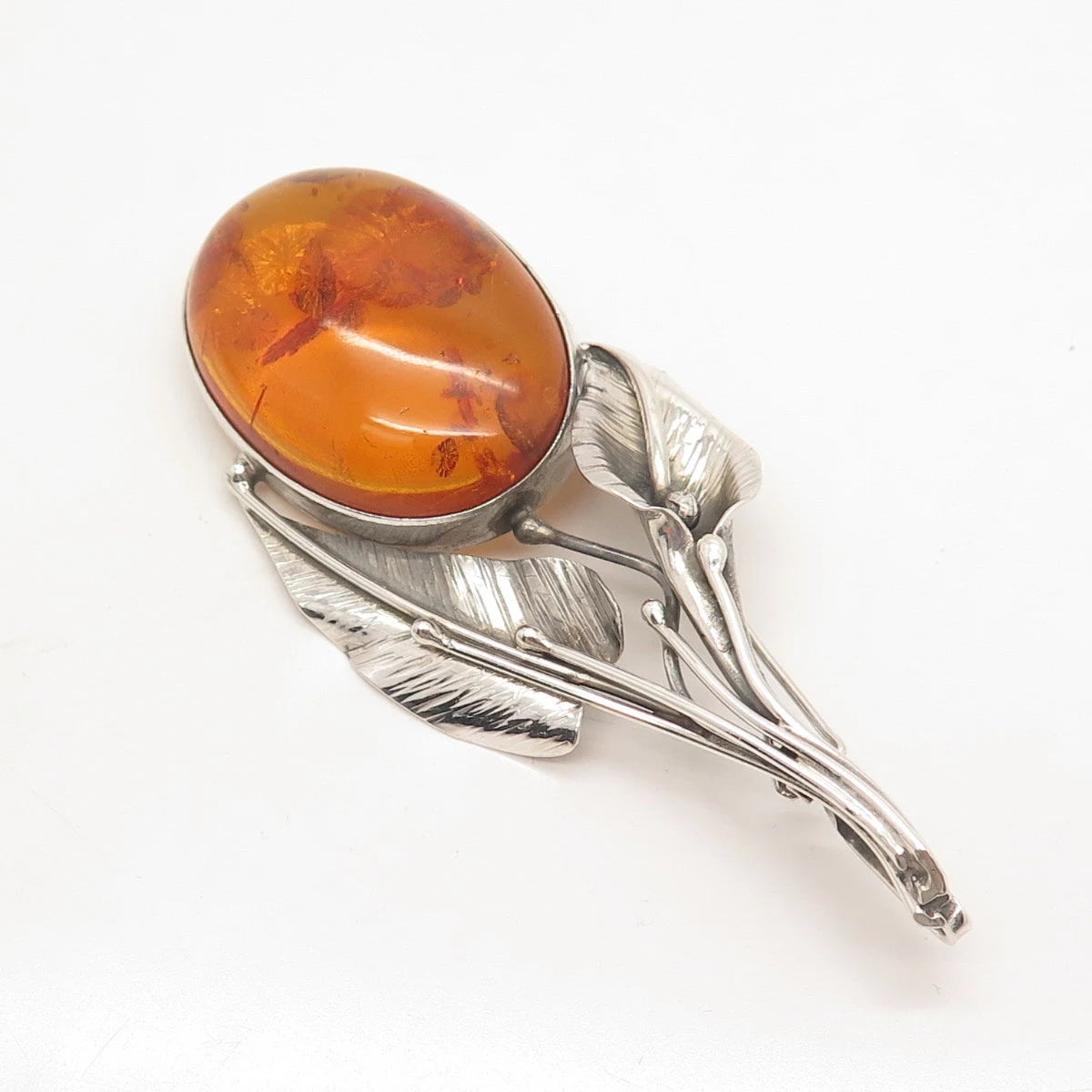 925 Sterling Silver Vintage Graciana Real Amber Floral Leaf Pin Brooch