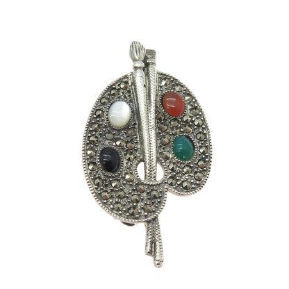 925 Sterling Silver Vintage MOP Black Onyx Carnelian Tourmaline Gem Pin Brooch