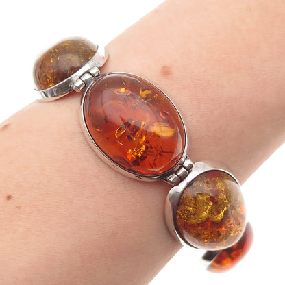 925 Sterling Silver Vintage Real Cabochon Amber Link Bracelet 7"