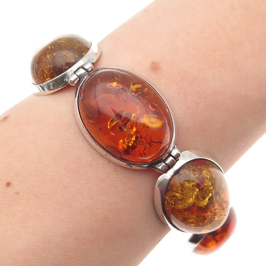 925 Sterling Silver Vintage Real Cabochon Amber Link Bracelet 7"