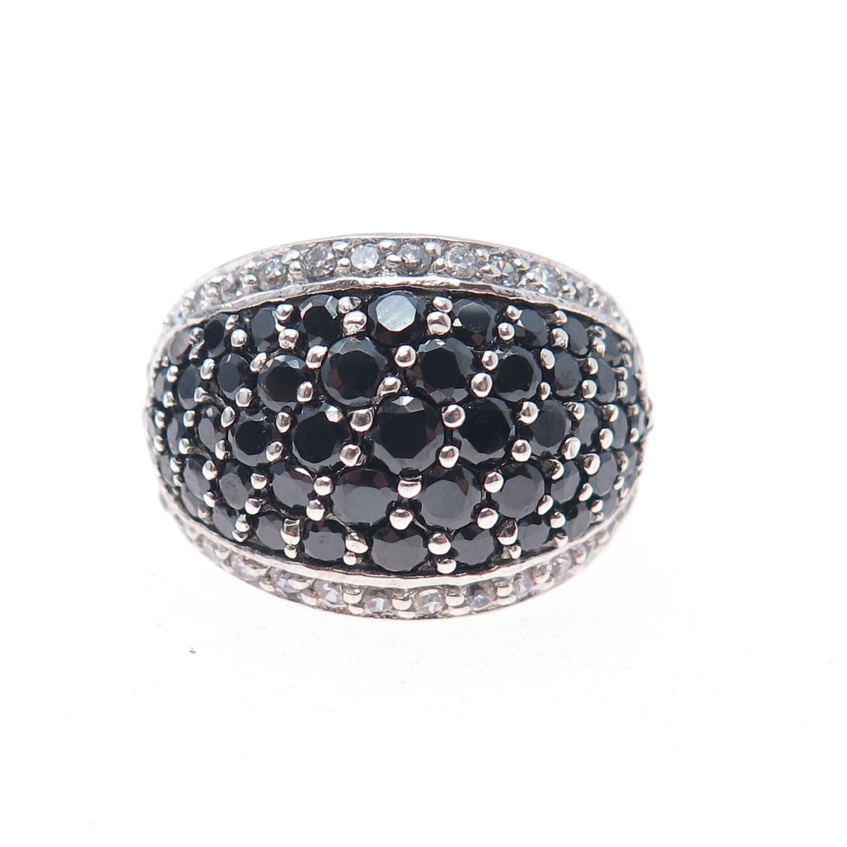 925 Sterling Silver Real Round-Cut Black Spinel & C Z Dome Ring Size 6