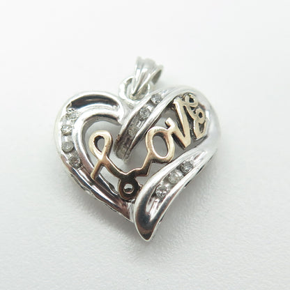 925 Sterling Silver 2-Tone Real Round-Cut White Diamond "LOVE" Heart Pendant