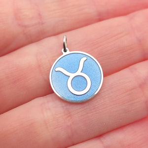 925 Sterling Silver Blue Enamel Taurus Zodiac Round Tag Mini Charm Pendant