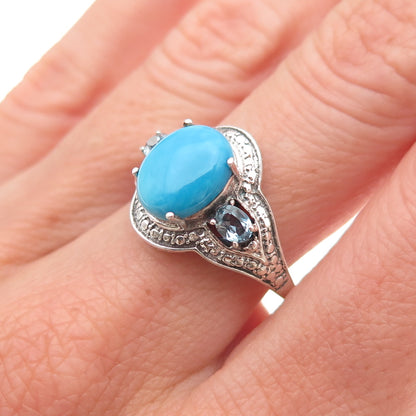 Chuck Clemency 925 Sterling Silver Real Turquoise & Blue Topaz Ring Size 7.25