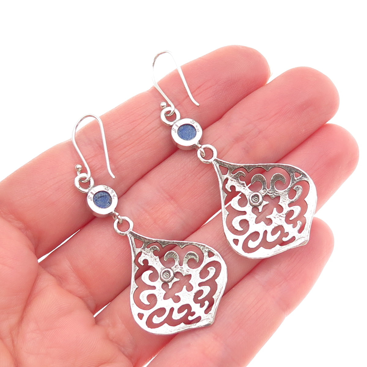 925 Sterling Silver Vintage Real Lapis Lazuli Ornate Dangle Earrings