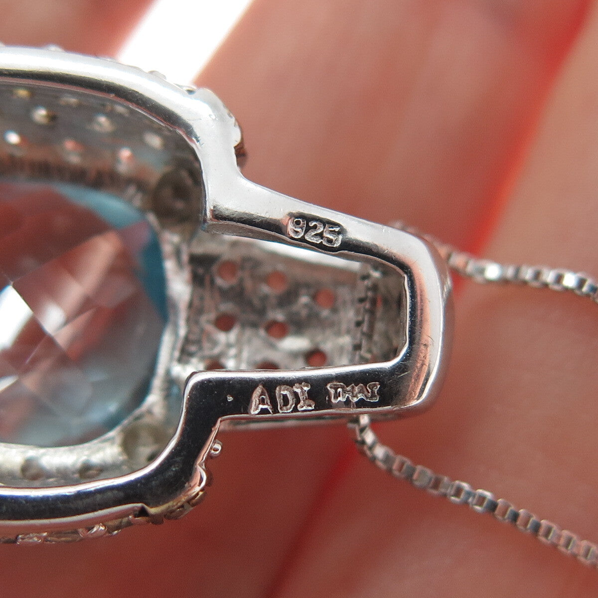 925 Sterling 2-Tone Real Diamond Blue & White Topaz Box Chain Necklace 18"
