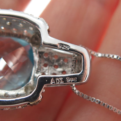 925 Sterling 2-Tone Real Diamond Blue & White Topaz Box Chain Necklace 18"