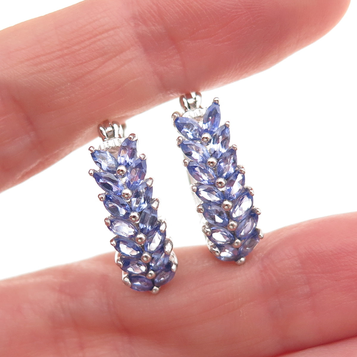 Chuck Clemency 925 Sterling Silver Real Marquise-Cut Tanzanite Hoop Earrings