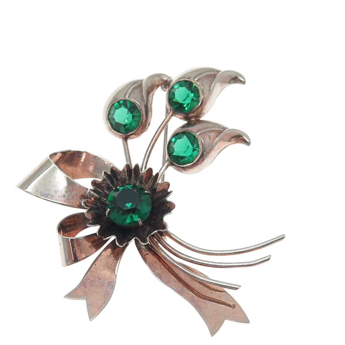 925 Sterling Silver Antique Art Deco Green Rhinestone Floral Leaf Bow Pin Brooch