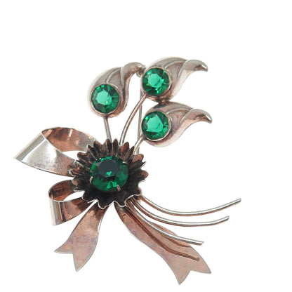 925 Sterling Silver Antique Art Deco Green Rhinestone Floral Leaf Bow Pin Brooch