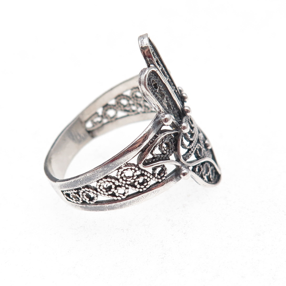 925 Sterling Silver Vintage Hamsa Amulet Filigree Oxidized Ring Size 10.25