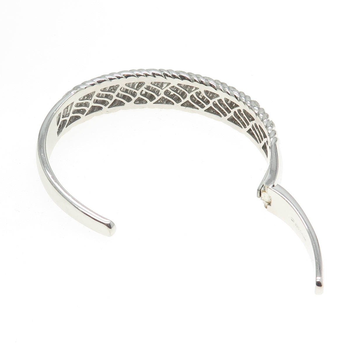 925 Sterling Silver Real Round-Cut Diamond Wavy Cuff Bracelet 7.25"