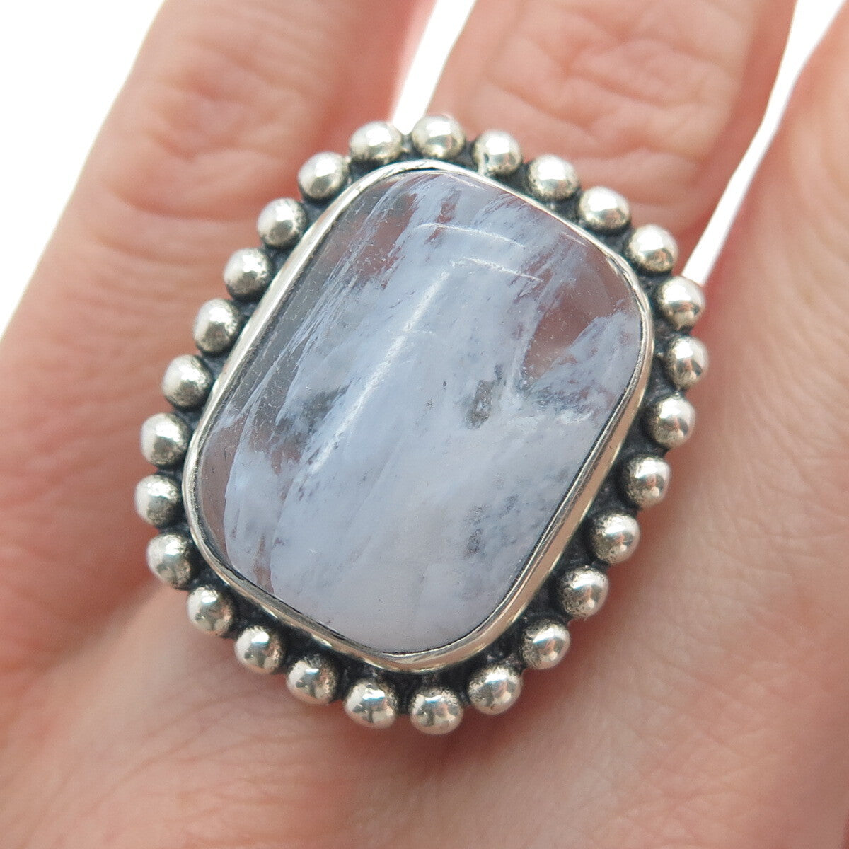 925 Sterling Silver Vintage Real Quartz Beaded Oxidized Ring Size 8.5