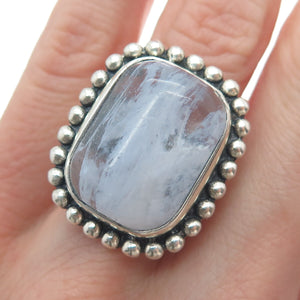 925 Sterling Silver Vintage Real Quartz Beaded Oxidized Ring Size 8.5