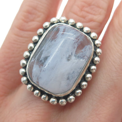 925 Sterling Silver Vintage Real Quartz Beaded Oxidized Ring Size 8.5