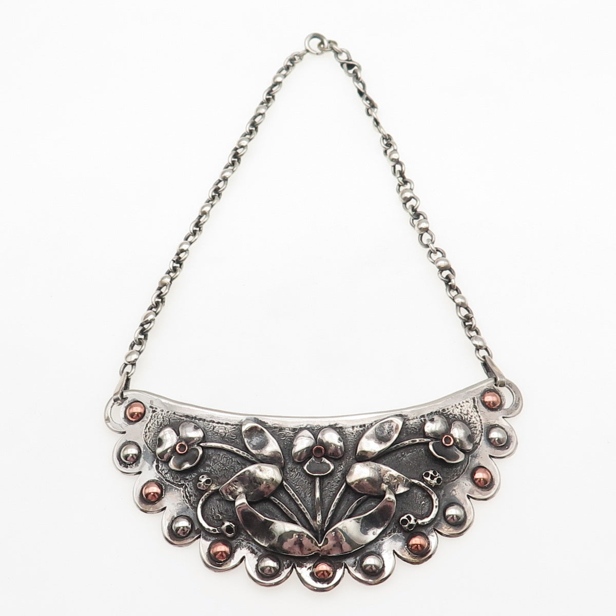 Paul Arviso Navajo Old Pawn Sterling Silver 2-Tone Vintage Floral Necklace 14"