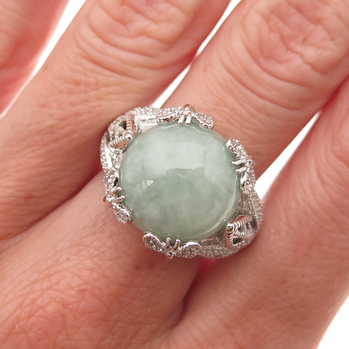 925 Sterling Silver Real Round-Cut Diamond & Jade Floral Ring Size 8.25