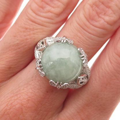 925 Sterling Silver Real Round-Cut Diamond & Jade Floral Ring Size 8.25