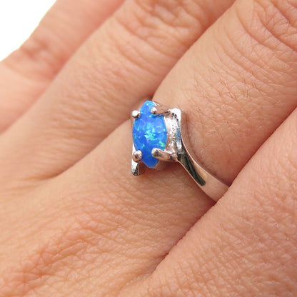 925 Sterling Silver Vintage Real Marquise-Cut Opal Bypass Ring Size 6.75