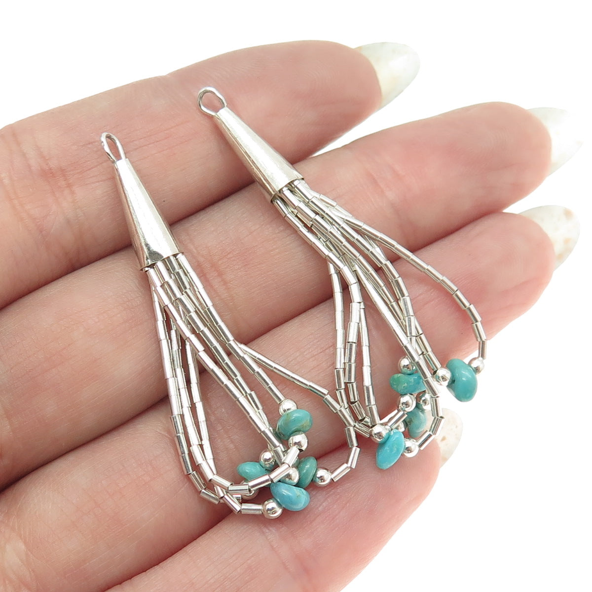 Old Pawn 925 Sterling Silver Southwestern Turquoise Liquid Chain Jacket Earrings