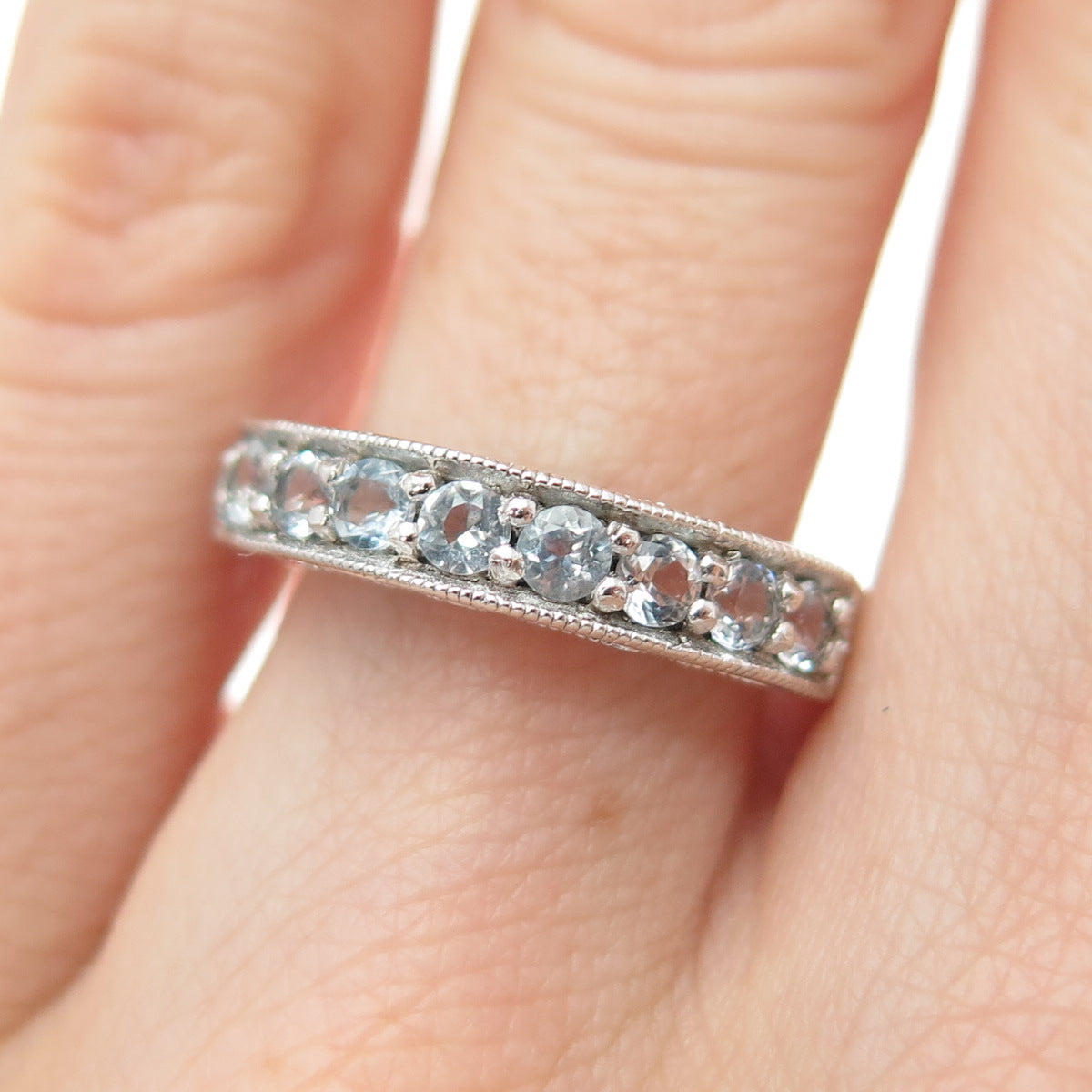 925 Sterling Silver Vintage Real Blue Topaz Half Eternity Band Ring Size 6.25