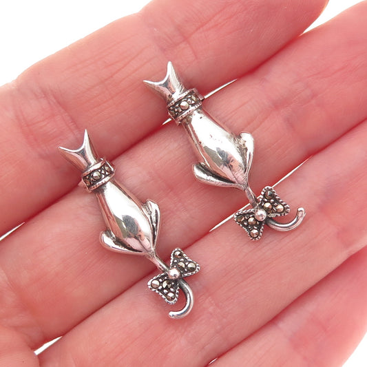 925 Sterling Silver Vintage Real Marcasite Cat & Bow Oxidized Earrings