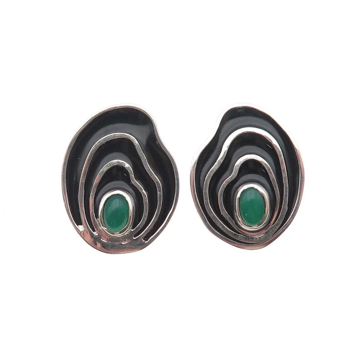 AF DESIGN 925 Sterling 14K Gold Posts Vintage Enamel Green Chalcedony Earrings