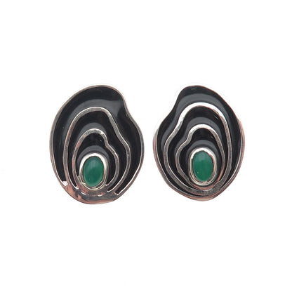 AF DESIGN 925 Sterling 14K Gold Posts Vintage Enamel Green Chalcedony Earrings