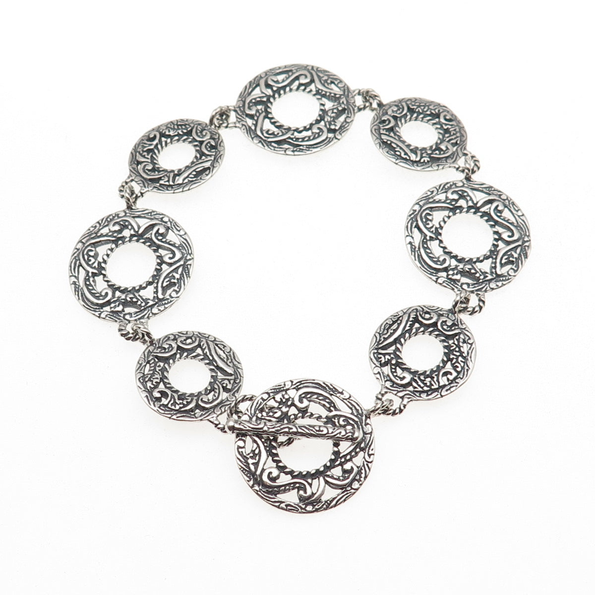 Carolyn Pollack 925 Sterling Silver Vintage Ornate Disc Link Bracelet 8"