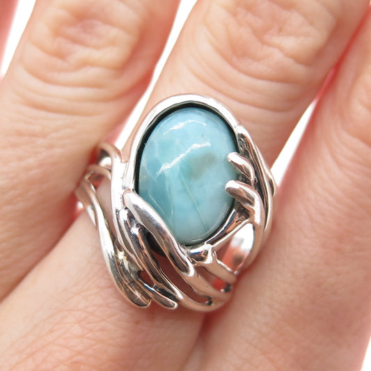 HAGIT GORALI 925 Sterling Silver Vintage Real Larimar Modernist Ring Size 8.75