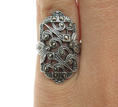 UNCAS 925 Sterling Silver Antique Art Deco Real Marcasite Floral Ring Size 4.25