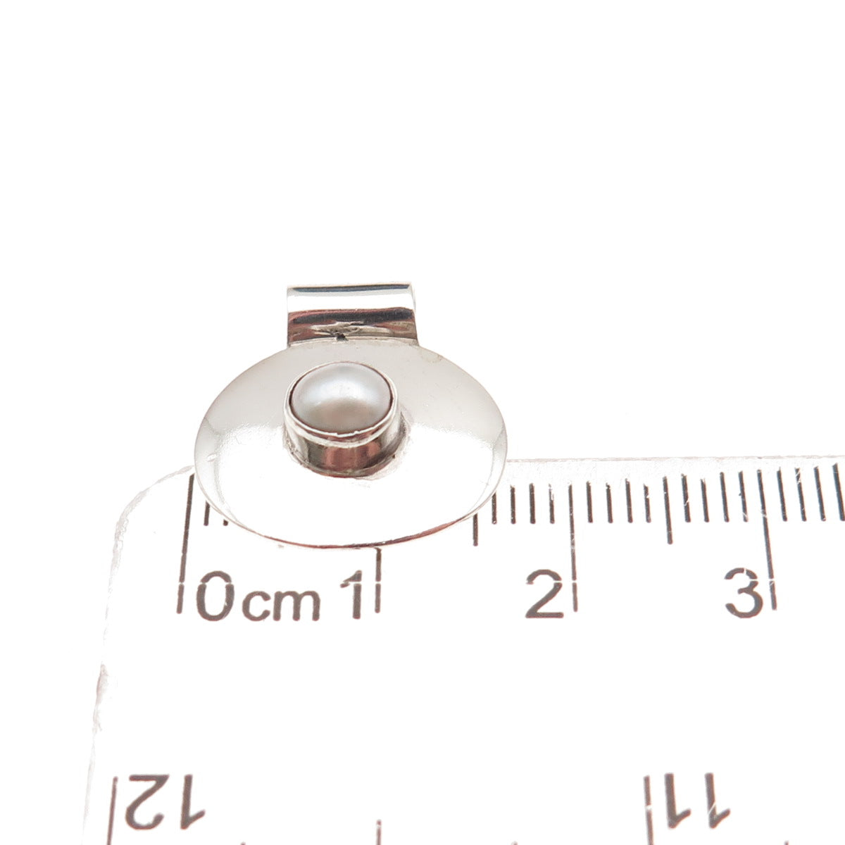 925 Sterling Silver Vintage Real Pearl Modernist Disc Slide Charm Pendant