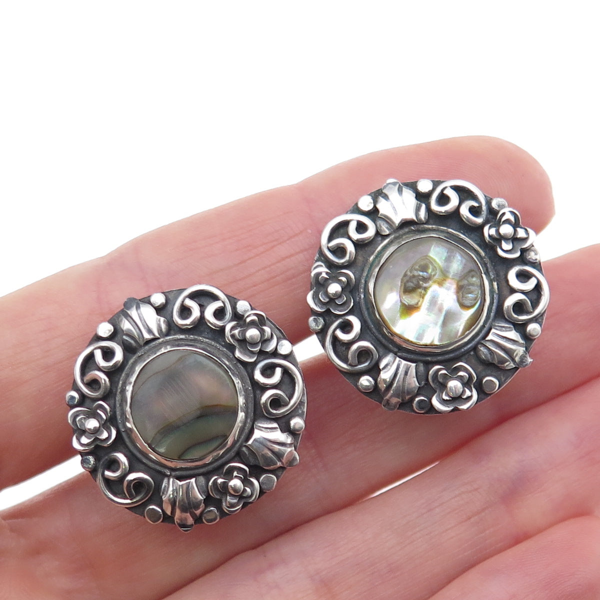 925 Sterling Vintage Mexico Real Abalone Shell Oxidized Screw Back Earrings