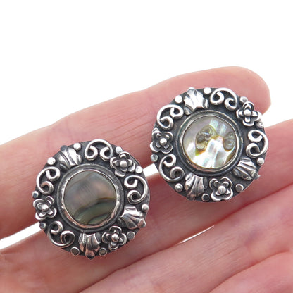 925 Sterling Vintage Mexico Real Abalone Shell Oxidized Screw Back Earrings